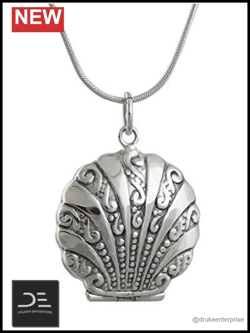 Sterling Silver Sea Shell Locket Necklace 18" Cable Chain Hypoallergenic